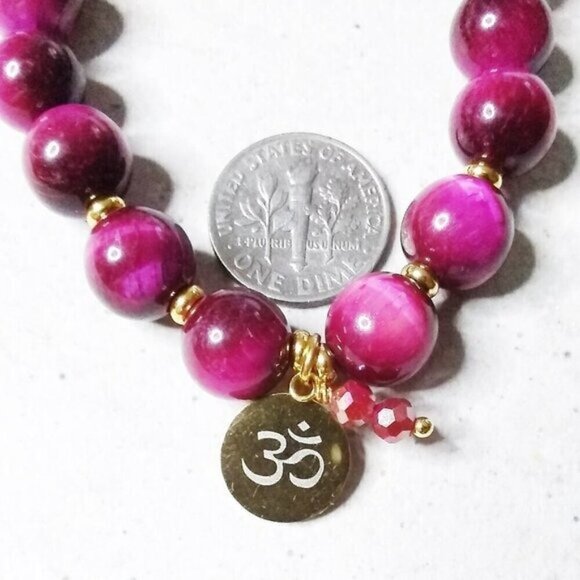 Upscale! Exclusive! Magenta & Hot Pink TigersEye w. Gold Om Aum Bracelet 6-6.5" - Picture 6 of 10
